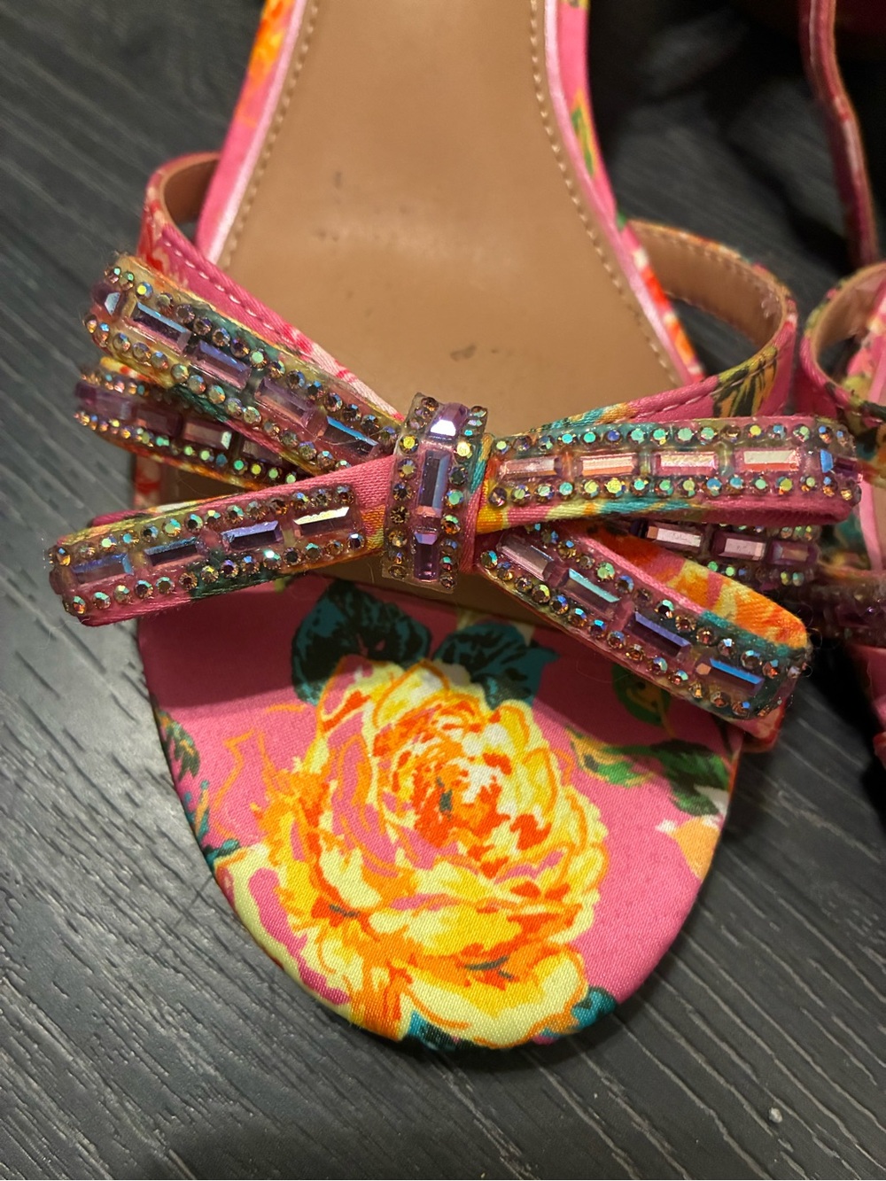 Copper Key Pink Floral Block Heel Sandals with Bow Detail